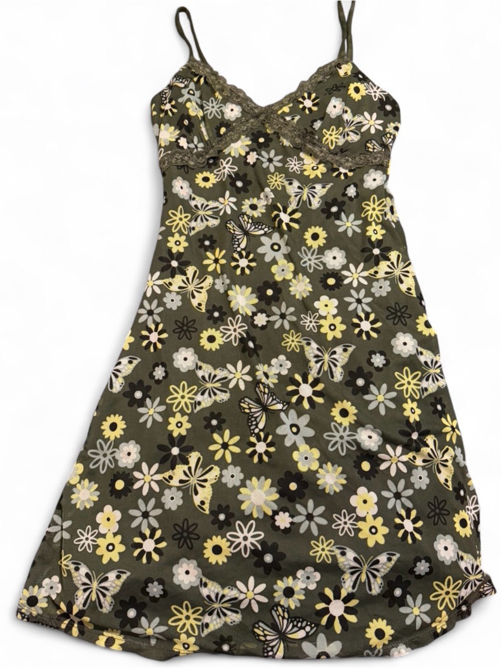 Vintage No Boundaries Butterfly Daisy Mini Dress Y2K Fairycore W/ Lace Trim